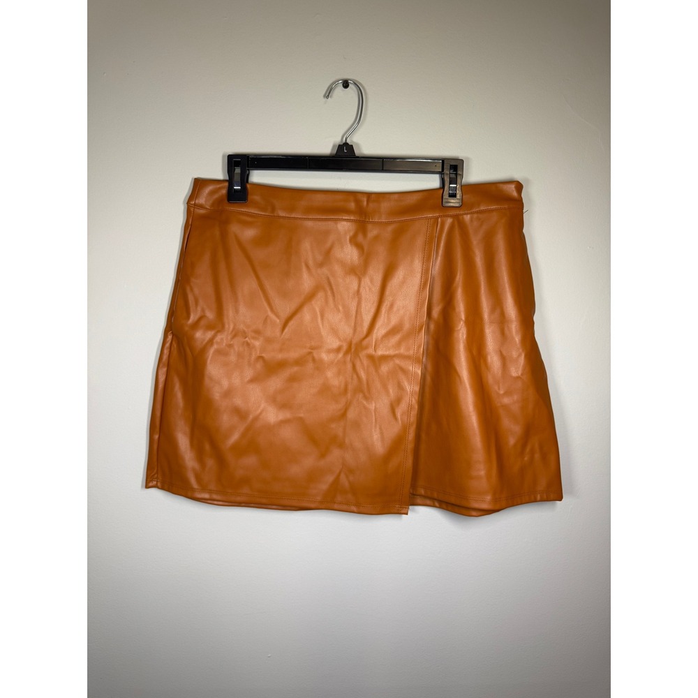 Cognac Faux Leather Wrap Mini Skirt Brown High Waisted Size Large